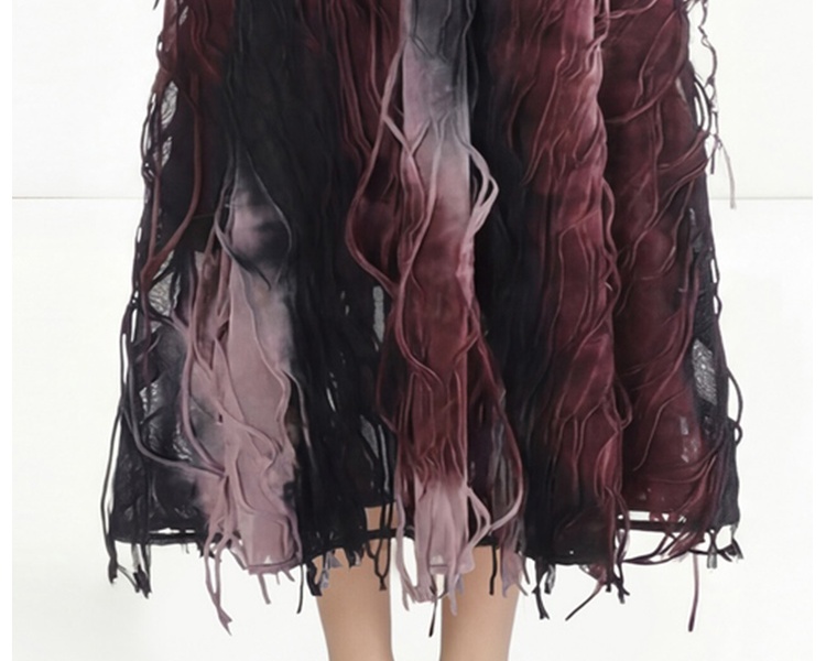 Tassels wine-red retro T-shirt gradient blooming skirt a set