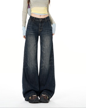 High waist blue loose jeans wide leg straight slim long pants