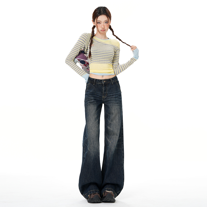 High waist blue loose jeans wide leg straight slim long pants