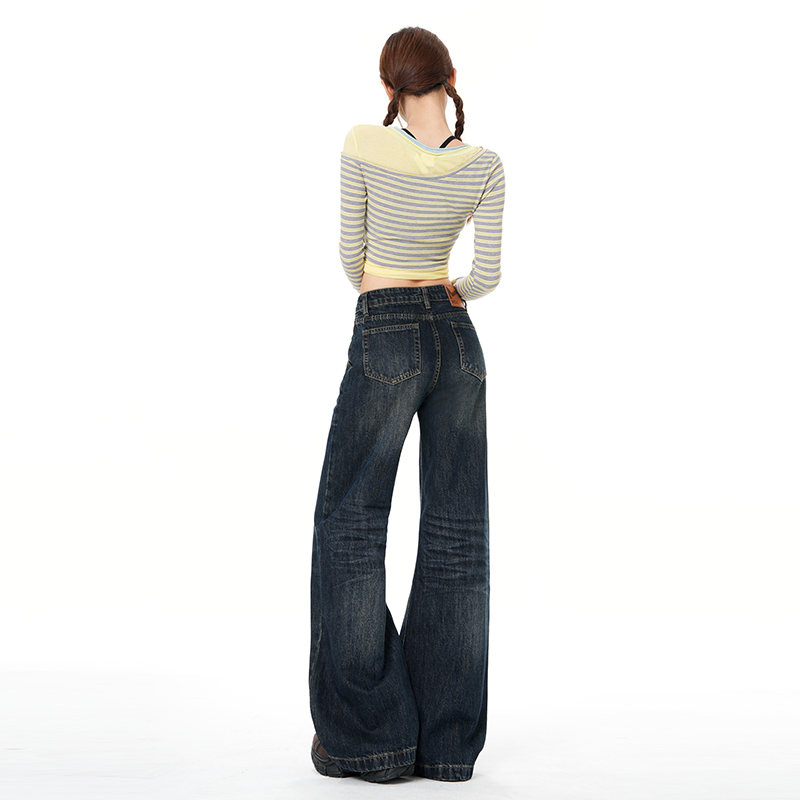 High waist blue loose jeans wide leg straight slim long pants