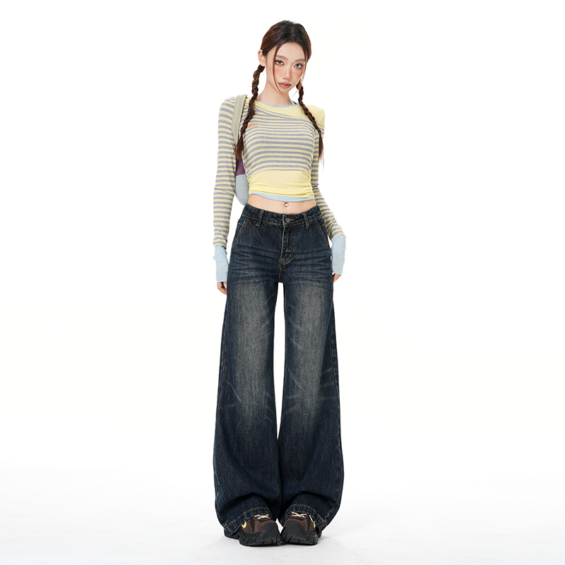 High waist blue loose jeans wide leg straight slim long pants