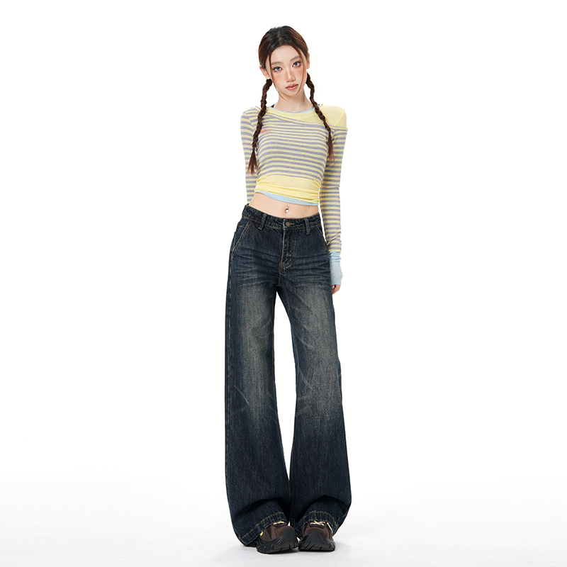 High waist blue loose jeans wide leg straight slim long pants