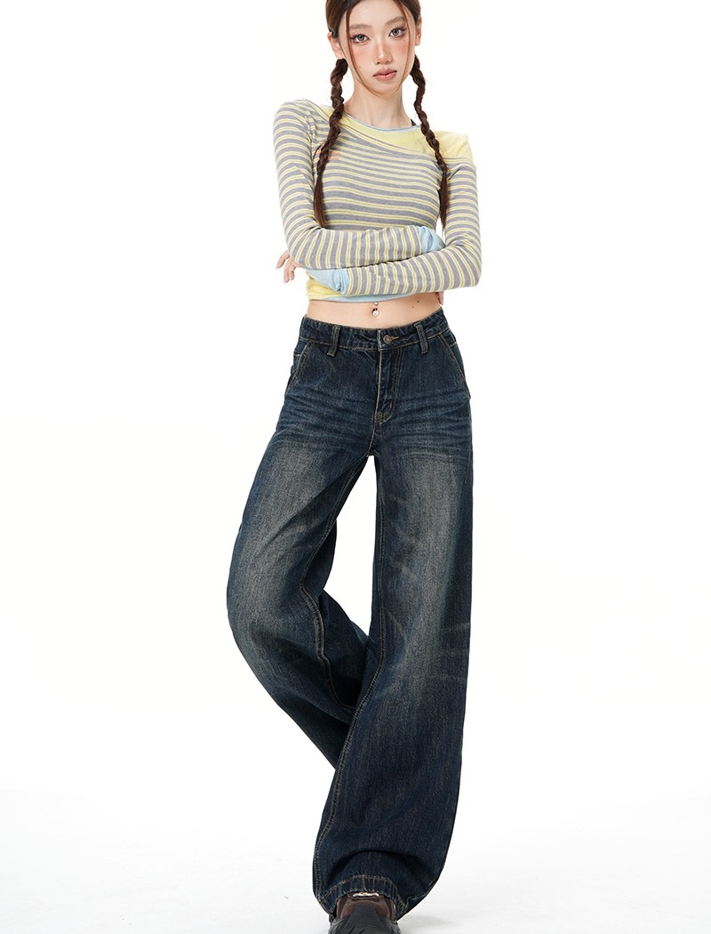 High waist blue loose jeans wide leg straight slim long pants