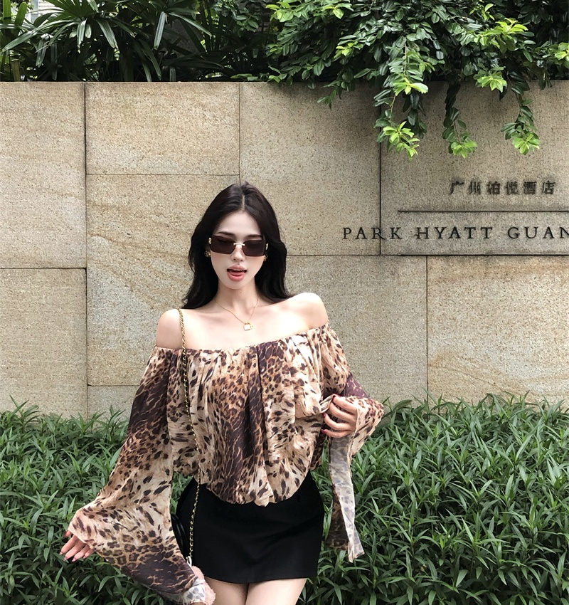 Sexy long sleeve sloping shoulder shirt strapless leopard tops