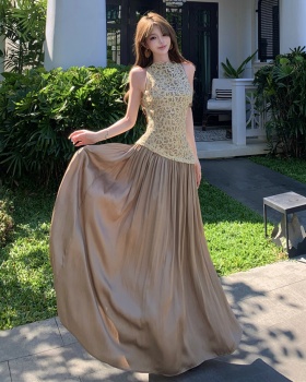 Splice retro sleeveless long dress spring satin dress