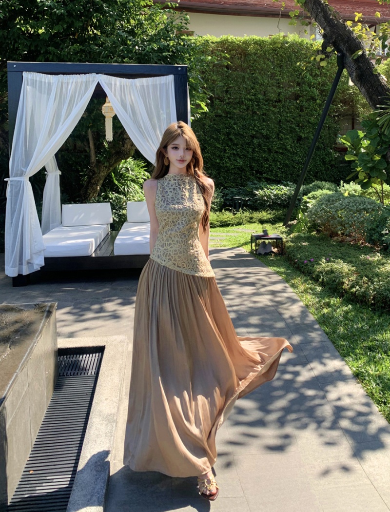 Splice retro sleeveless long dress spring satin dress