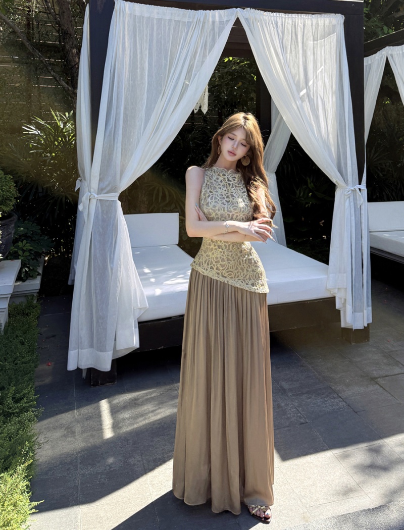 Splice retro sleeveless long dress spring satin dress