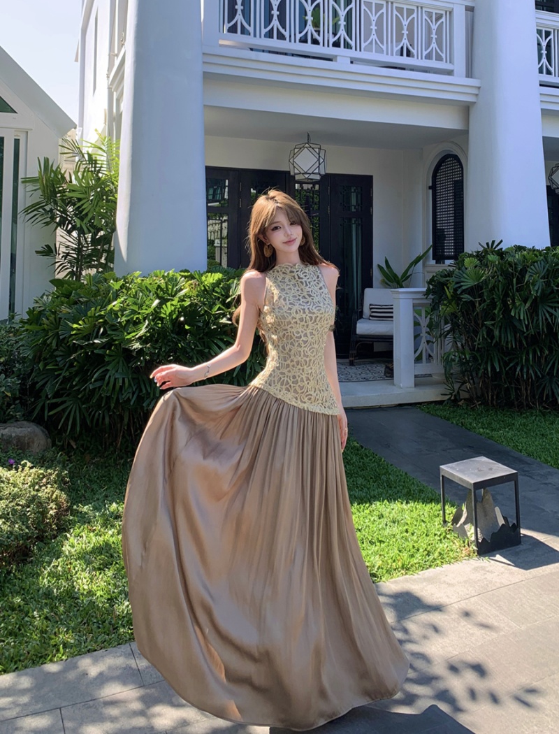 Splice retro sleeveless long dress spring satin dress