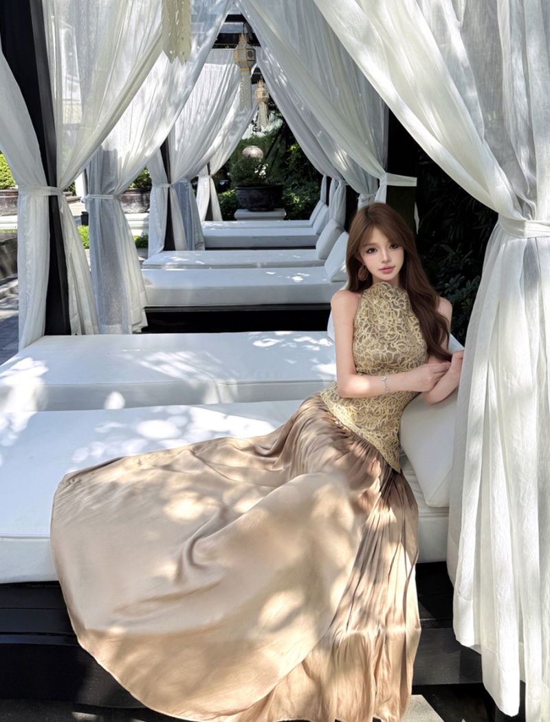 Splice retro sleeveless long dress spring satin dress