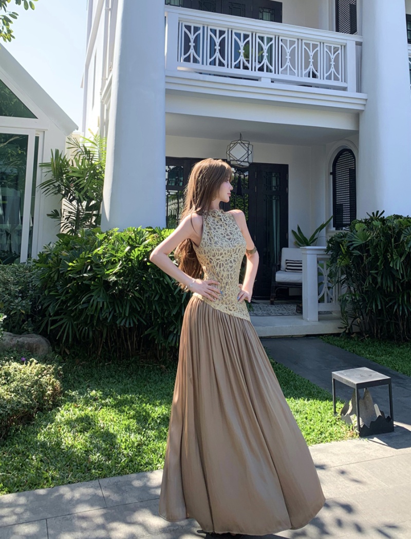 Splice retro sleeveless long dress spring satin dress