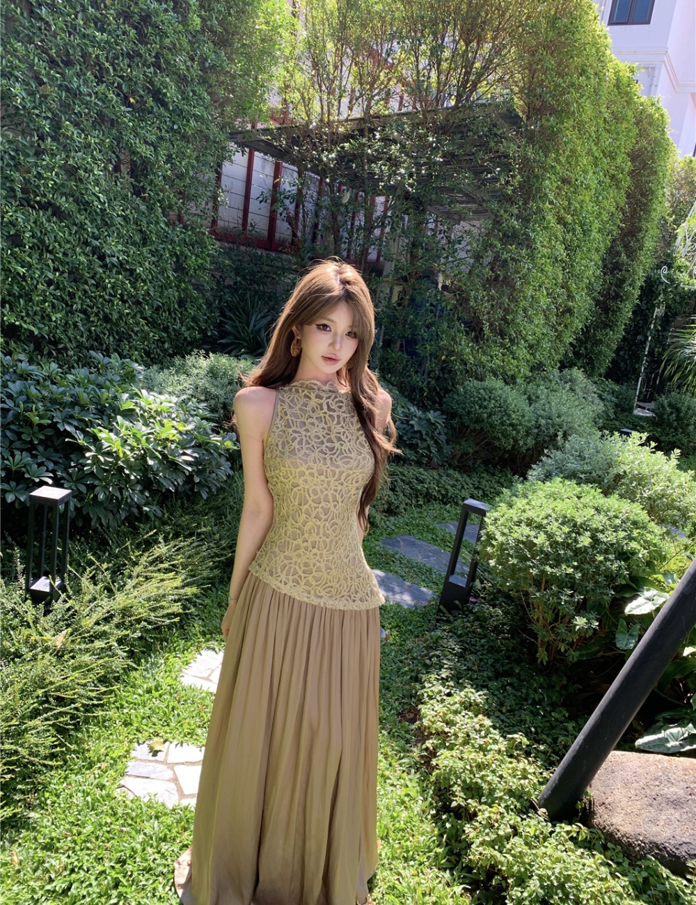 Splice retro sleeveless long dress spring satin dress