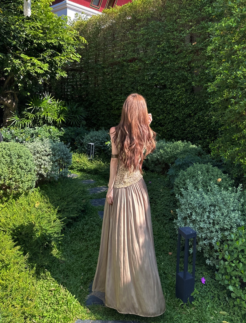 Splice retro sleeveless long dress spring satin dress