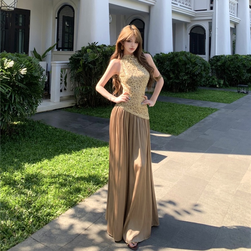 Splice retro sleeveless long dress spring satin dress