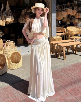 Drape round neck skirt high waist tops 2pcs set for women