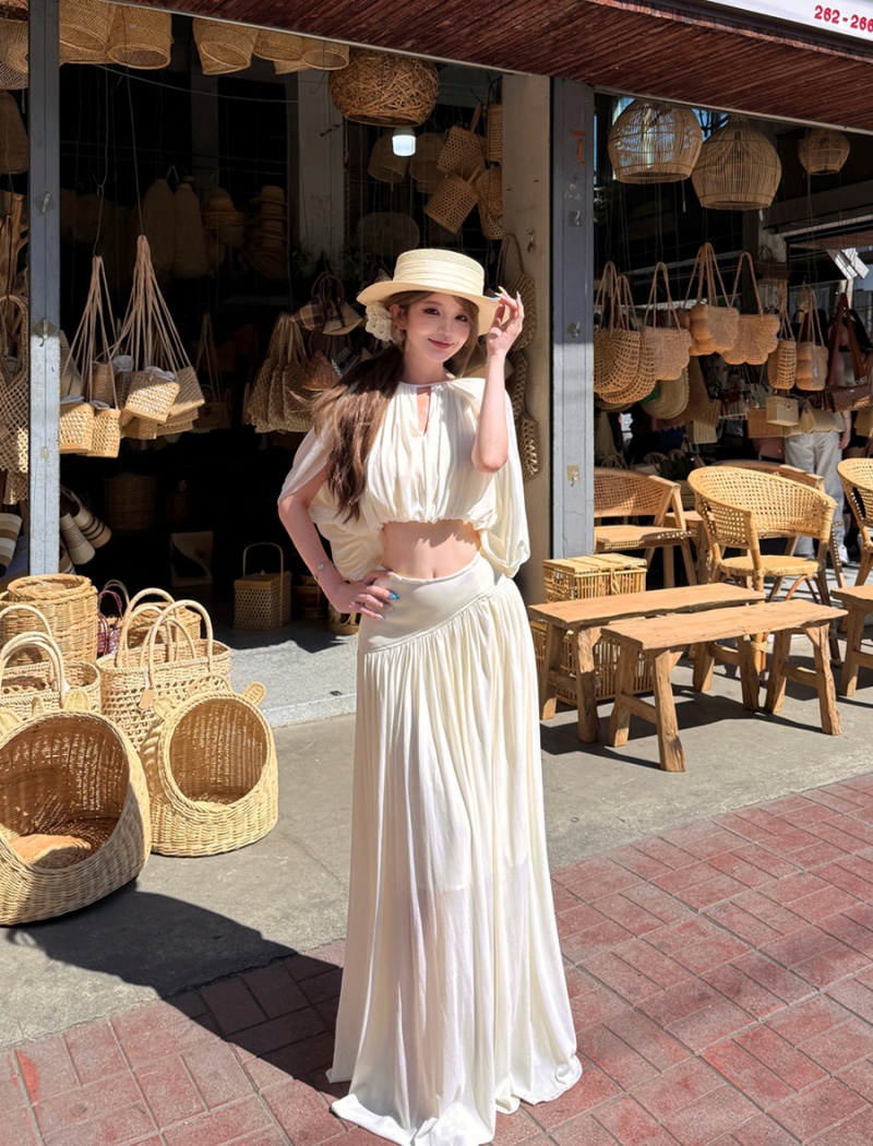 Drape round neck skirt high waist tops 2pcs set for women