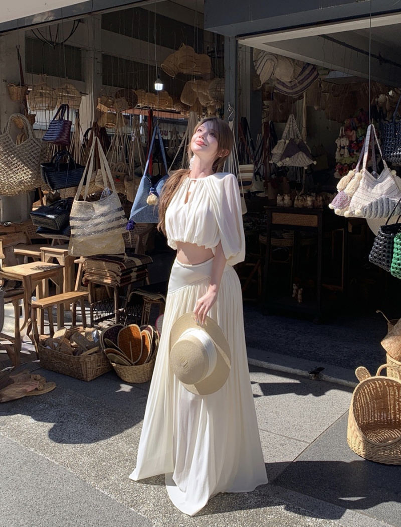 Drape round neck skirt high waist tops 2pcs set for women