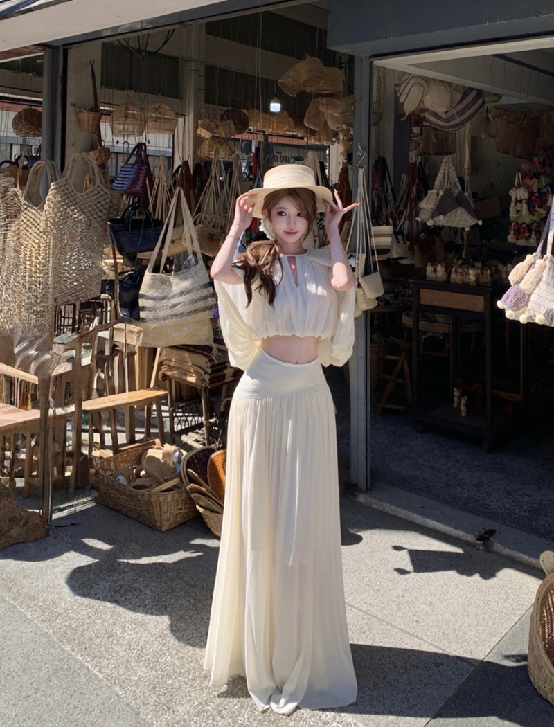 Drape round neck skirt high waist tops 2pcs set for women