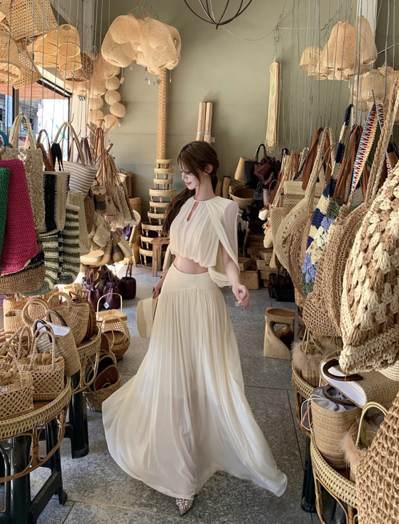 Drape round neck skirt high waist tops 2pcs set for women