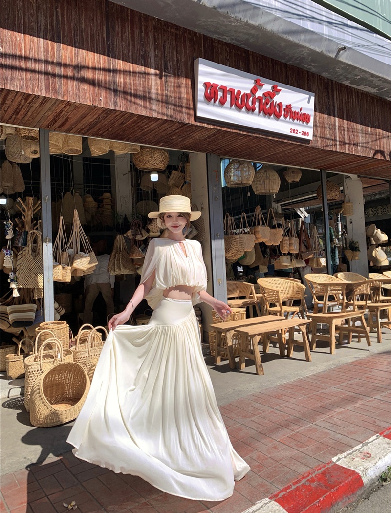 Drape round neck skirt high waist tops 2pcs set for women