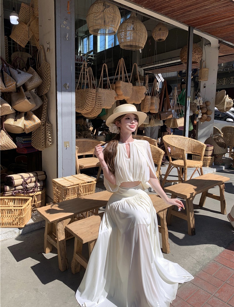 Drape round neck skirt high waist tops 2pcs set for women