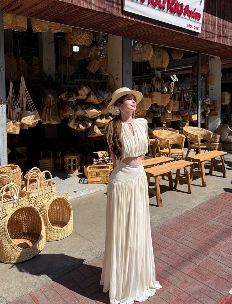 Drape round neck skirt high waist tops 2pcs set for women