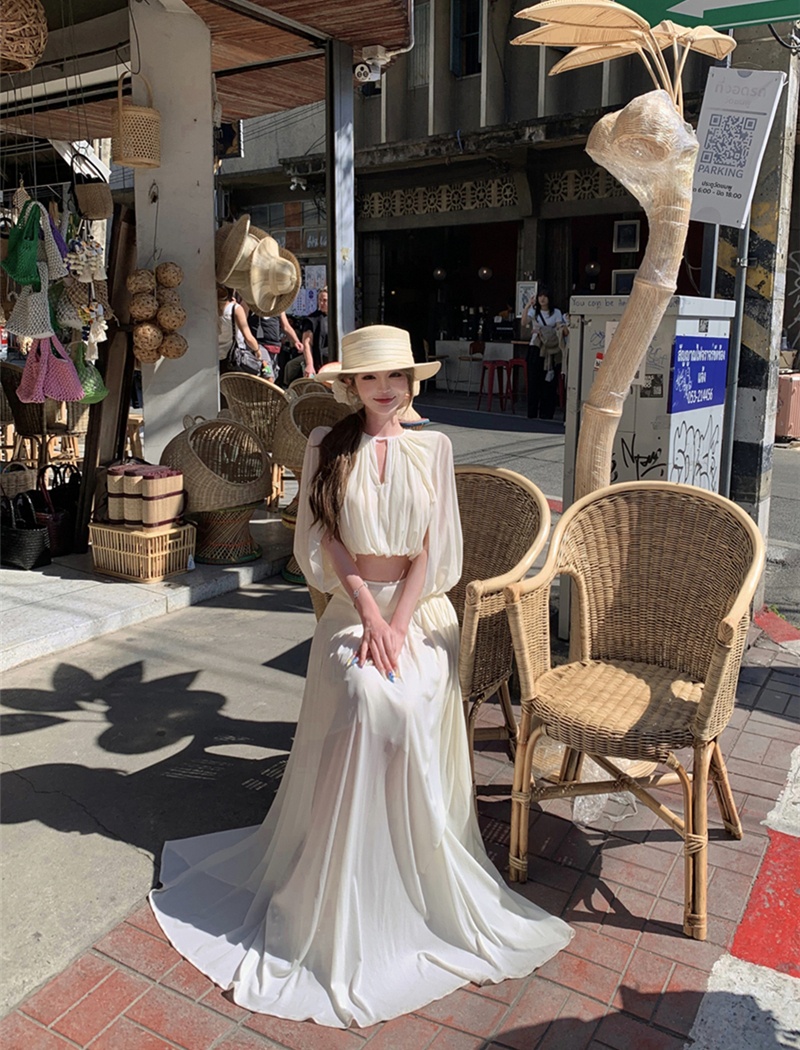 Drape round neck skirt high waist tops 2pcs set for women