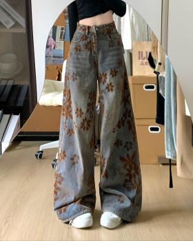 Flowers spring mopping gradient pants retro drape washed jeans