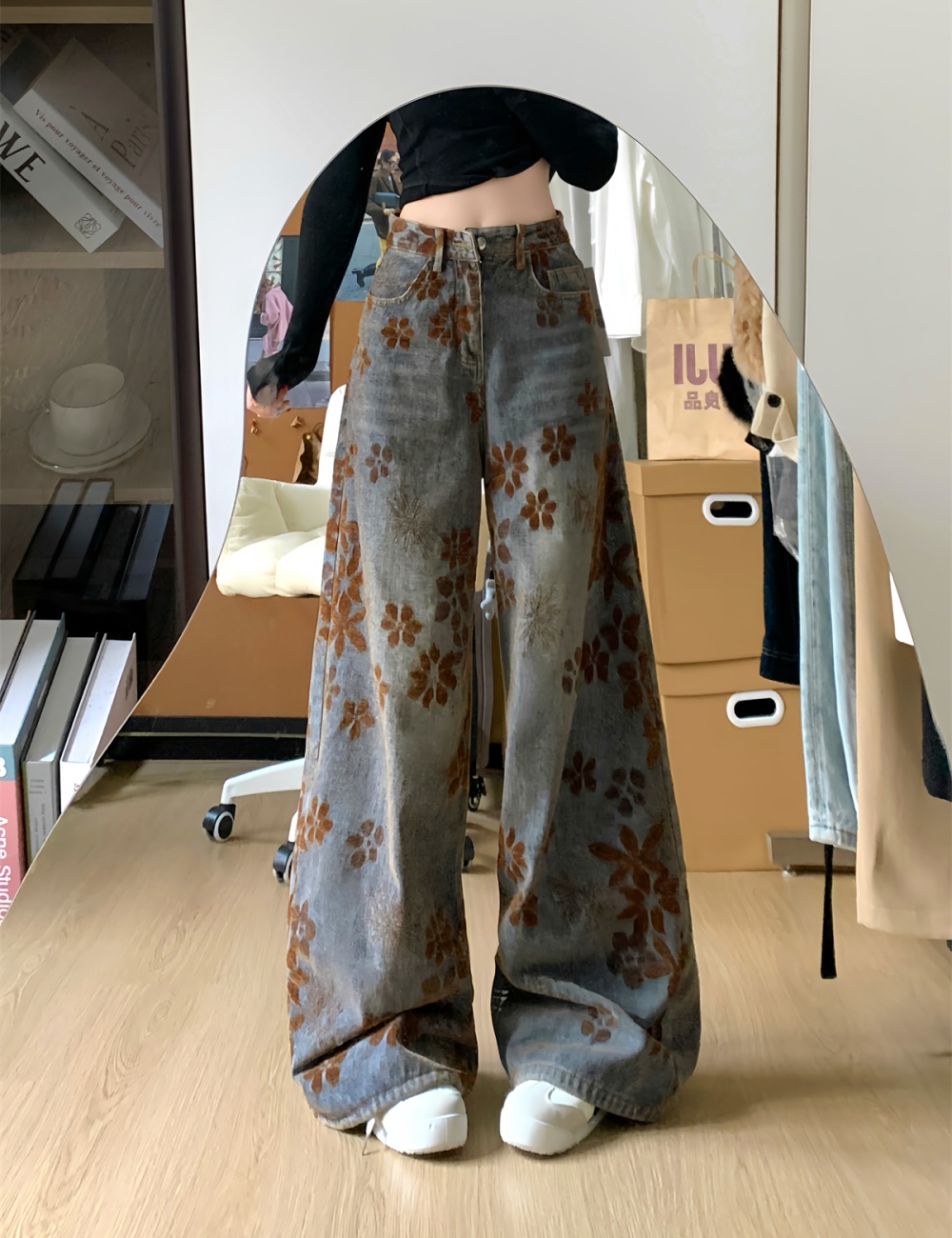 Flowers spring mopping gradient pants retro drape washed jeans