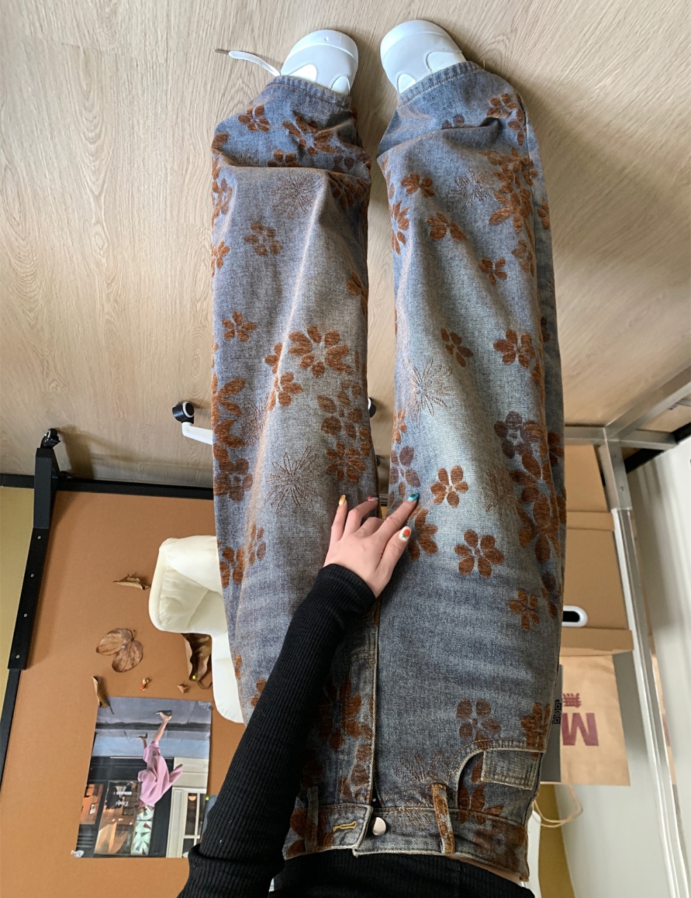 Flowers spring mopping gradient pants retro drape washed jeans