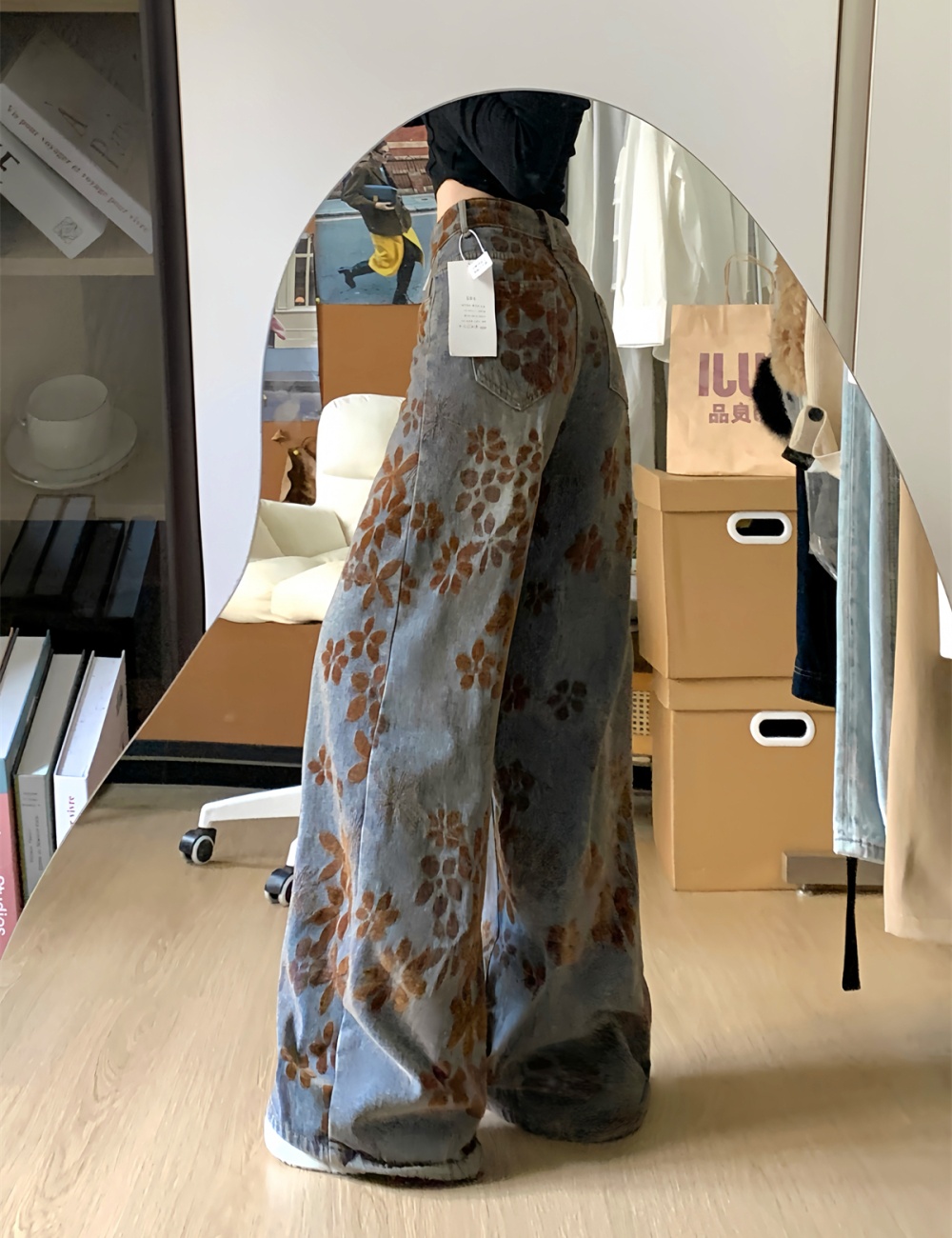 Flowers spring mopping gradient pants retro drape washed jeans