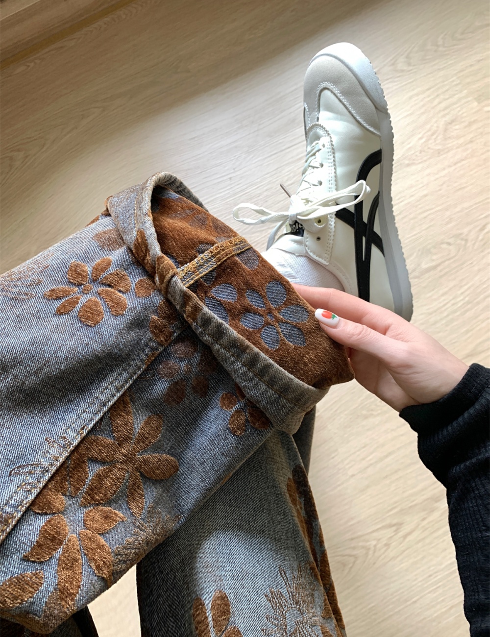 Flowers spring mopping gradient pants retro drape washed jeans