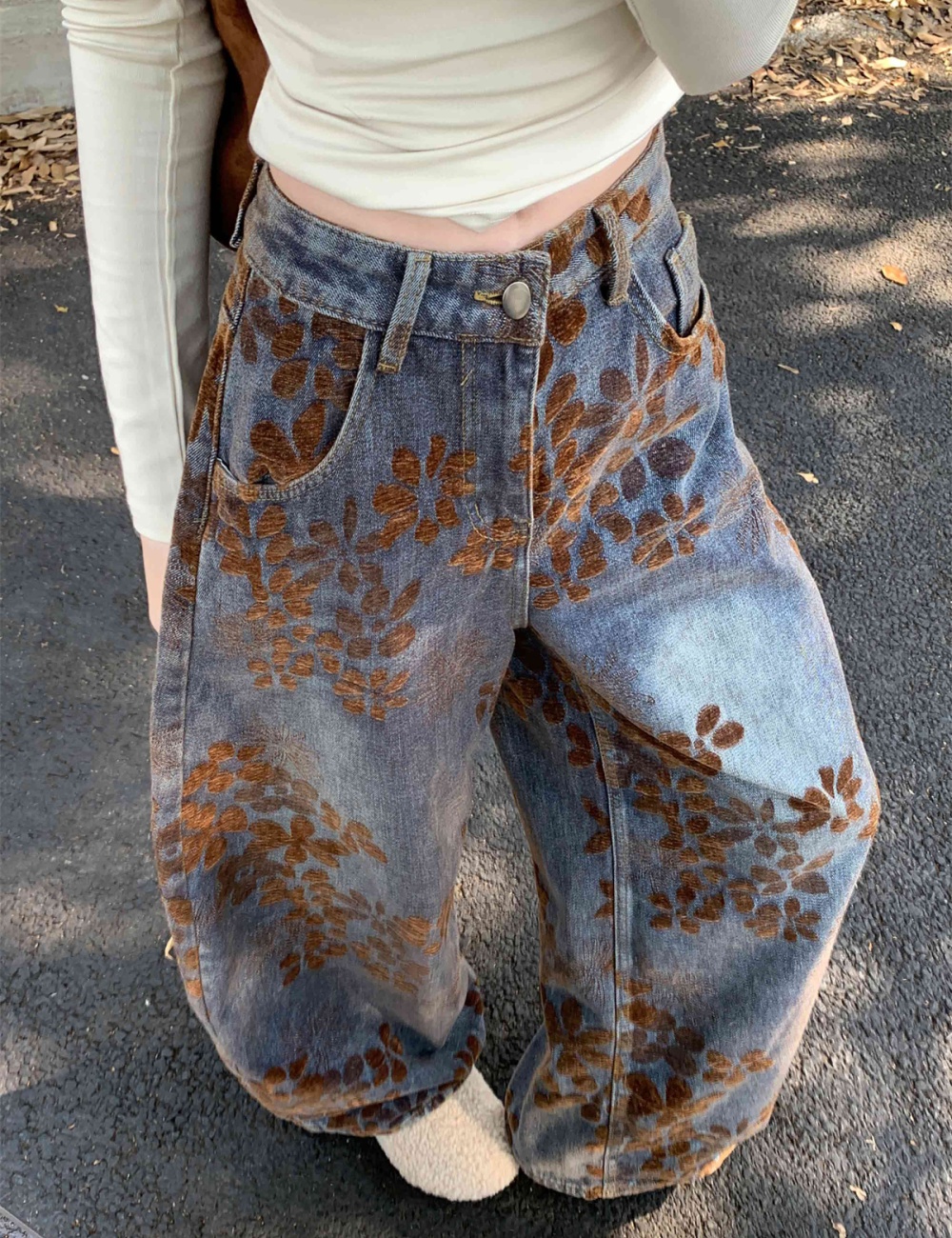 Flowers spring mopping gradient pants retro drape washed jeans