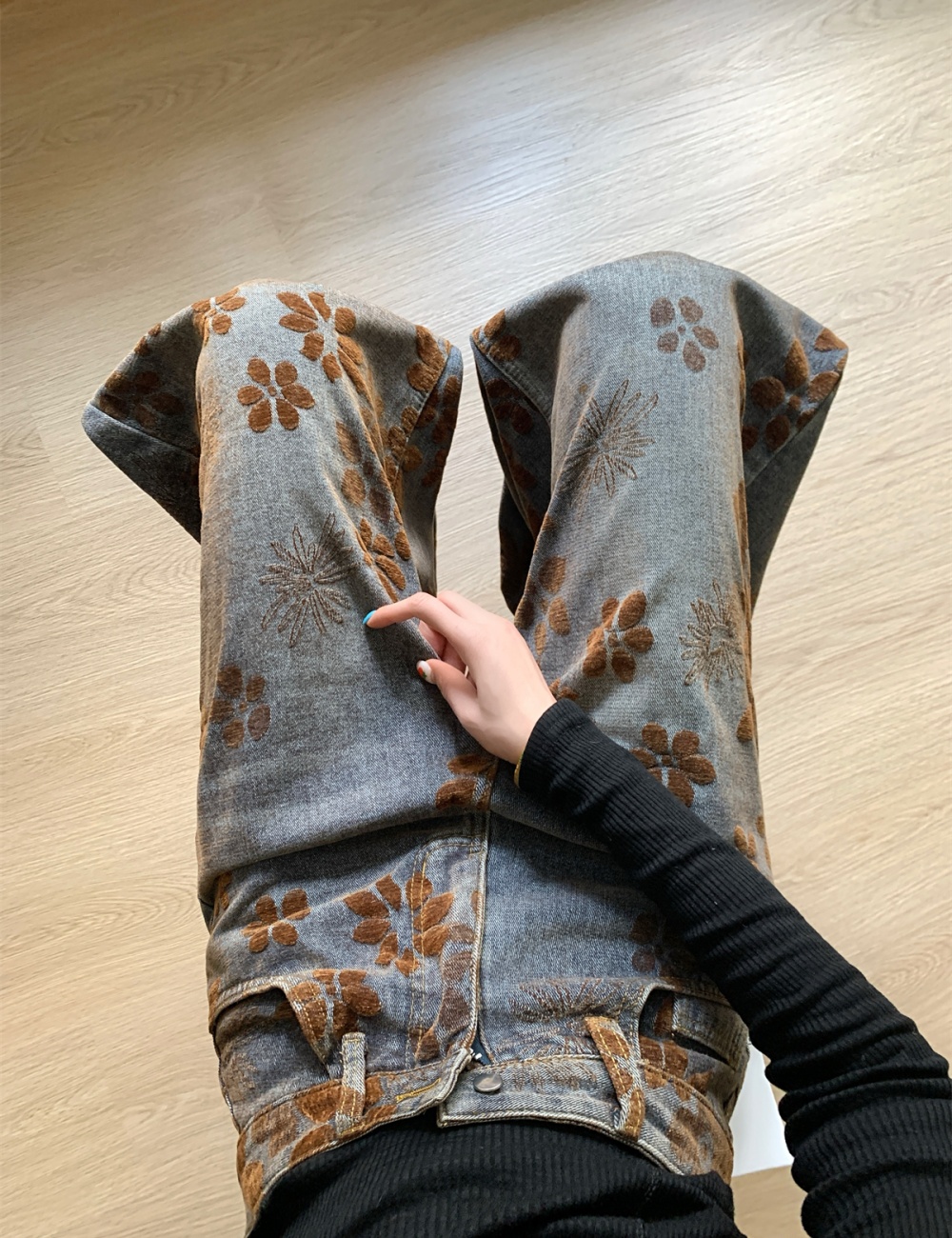 Flowers spring mopping gradient pants retro drape washed jeans