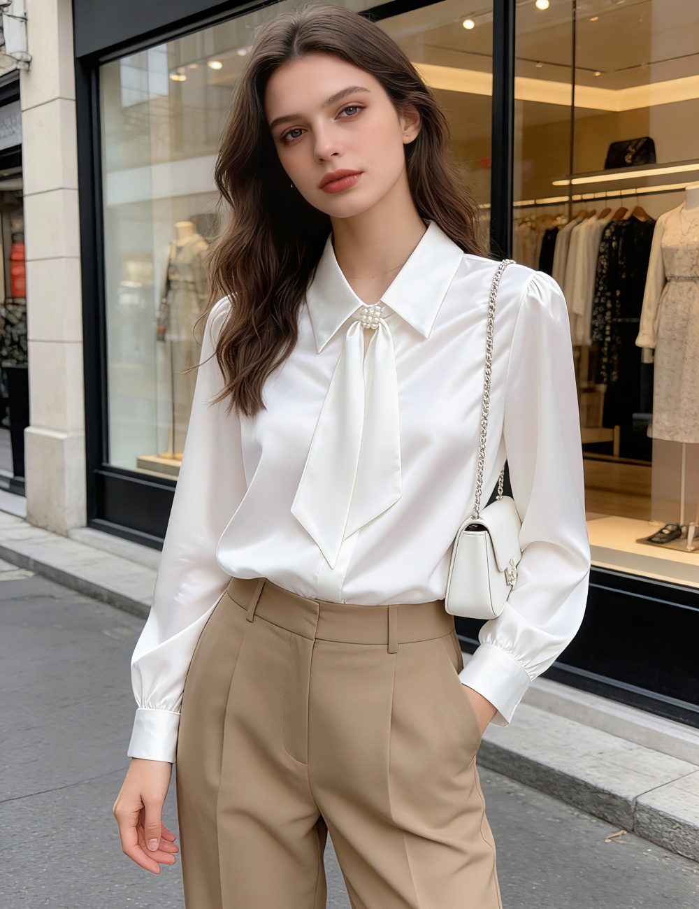 Spring and autumn loose shirt pearl buckle tops for women