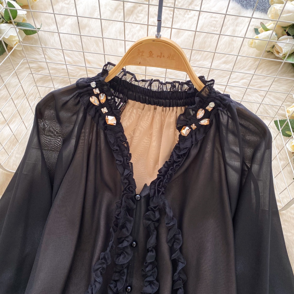 Beading streamer tops commuting V-neck chiffon shirt for women