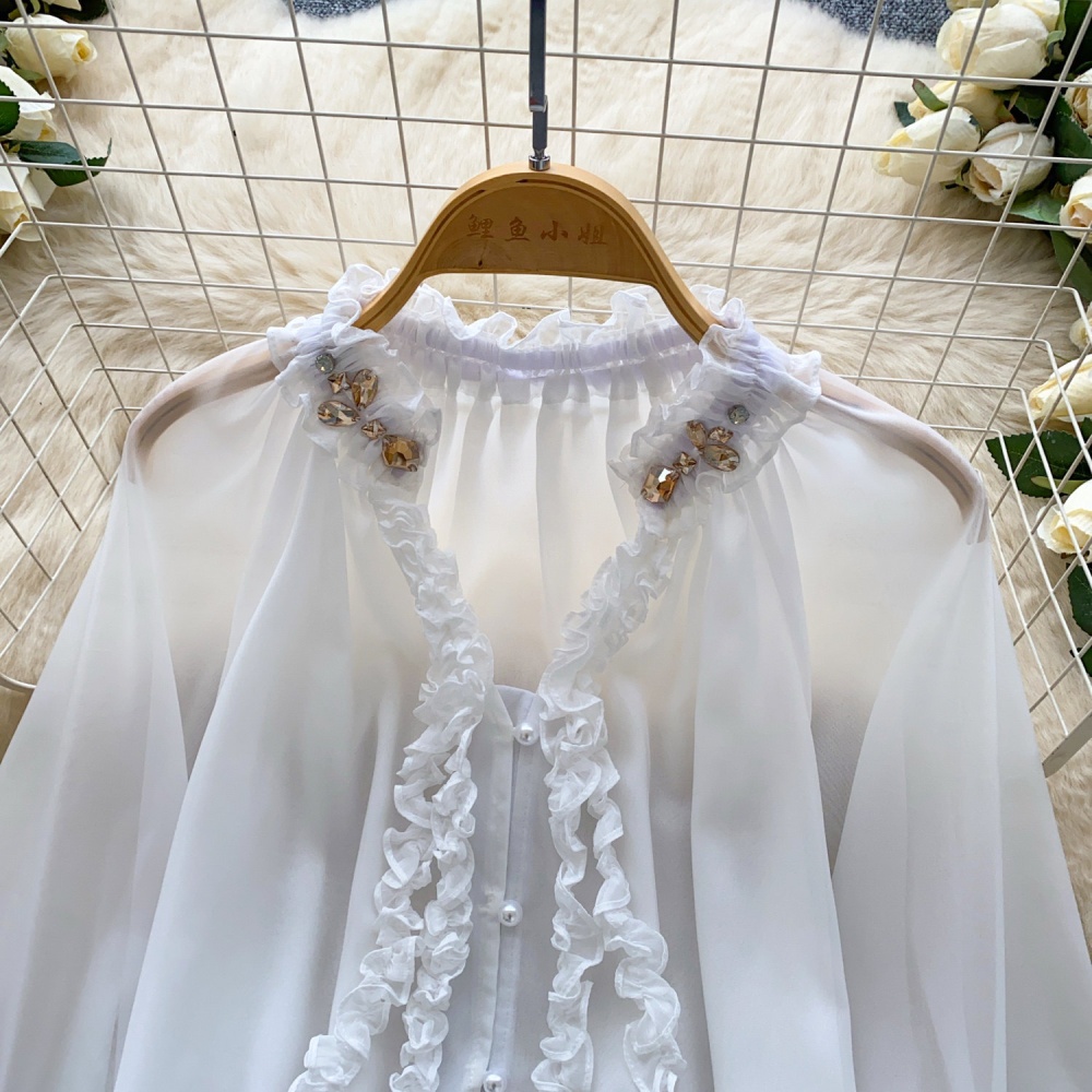 Beading streamer tops commuting V-neck chiffon shirt for women