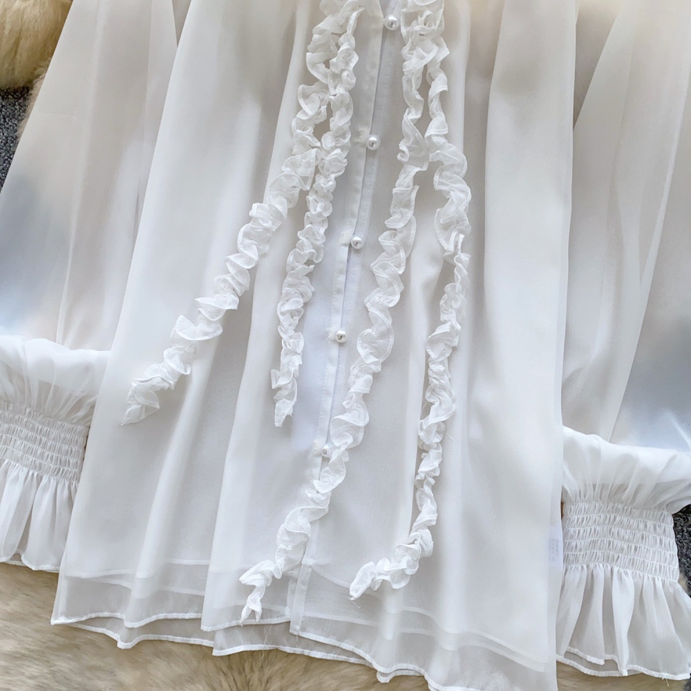 Beading streamer tops commuting V-neck chiffon shirt for women