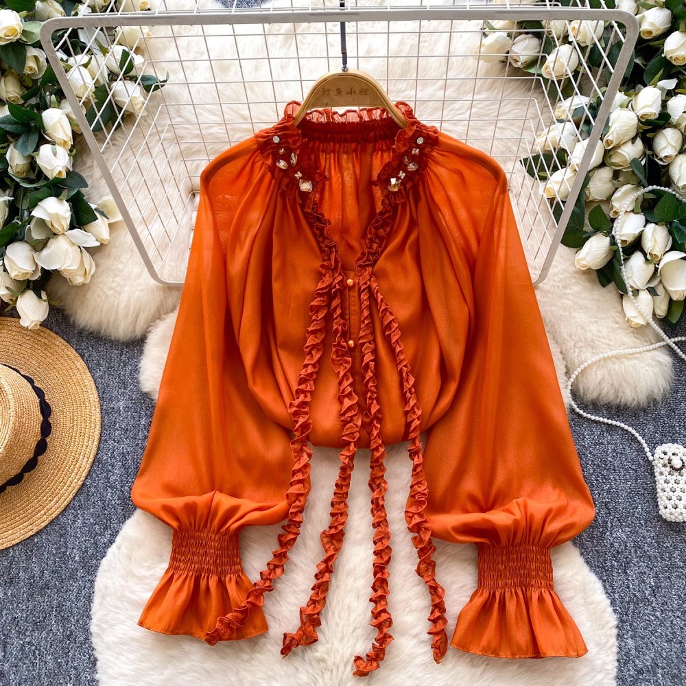 Beading streamer tops commuting V-neck chiffon shirt for women