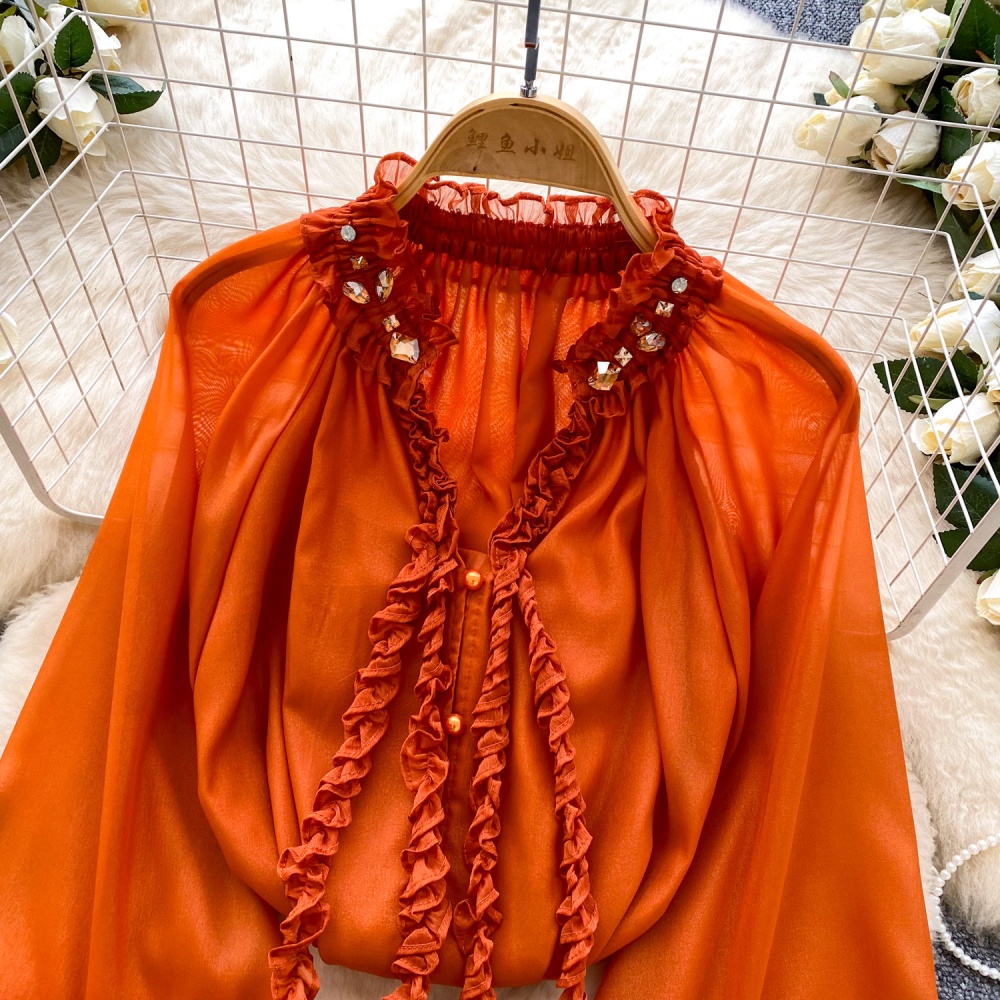 Beading streamer tops commuting V-neck chiffon shirt for women