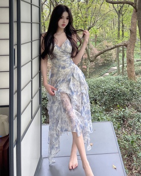 Floral lady summer strap dress seaside vacation long dress