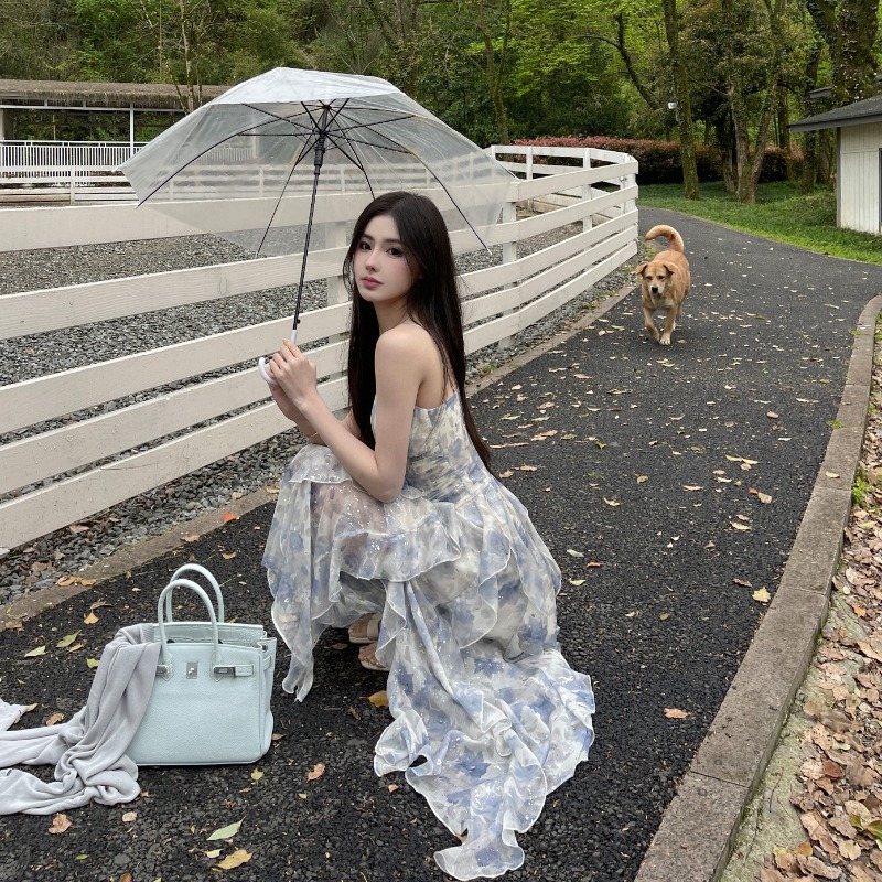 Floral lady summer strap dress seaside vacation long dress