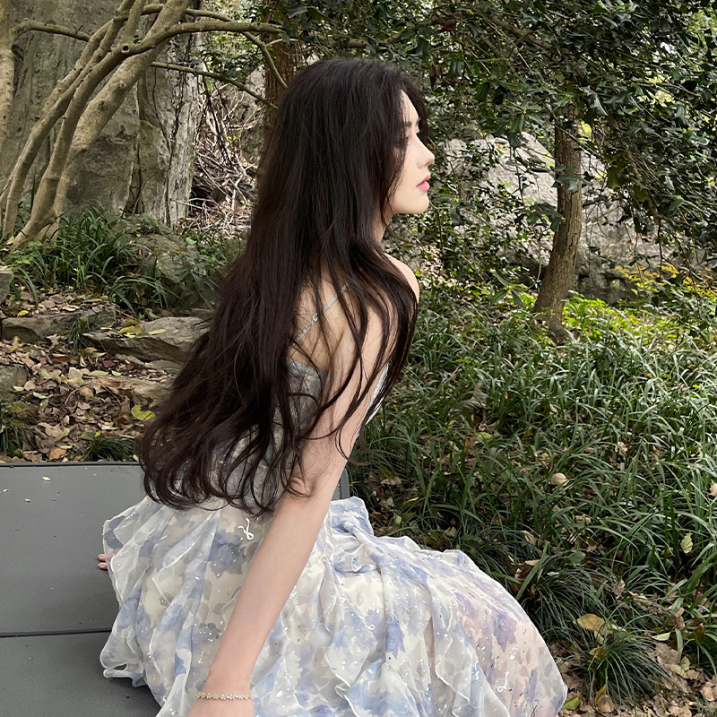 Floral lady summer strap dress seaside vacation long dress