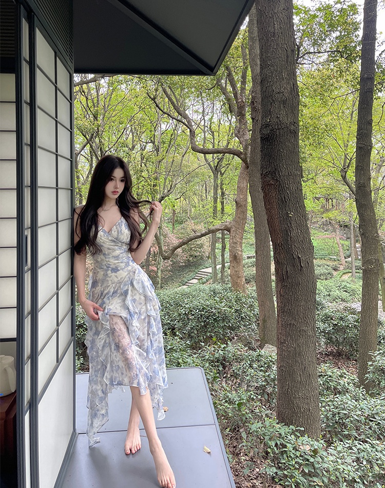 Floral lady summer strap dress seaside vacation long dress