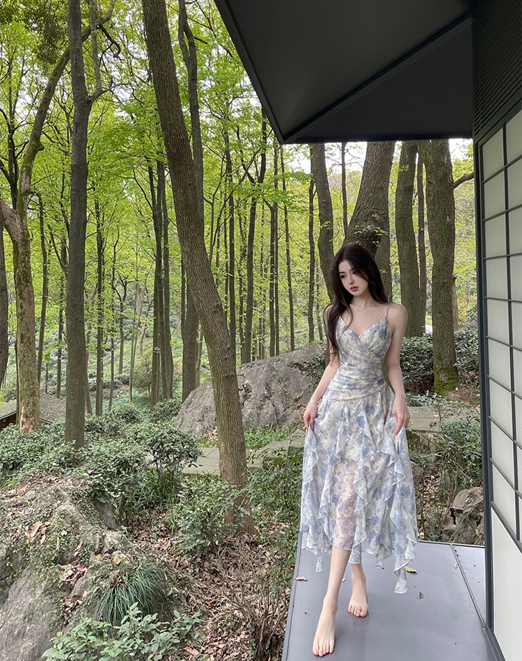 Floral lady summer strap dress seaside vacation long dress