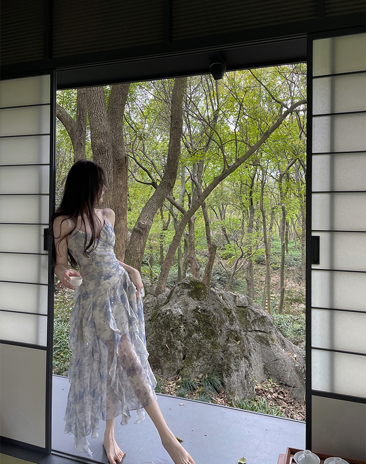 Floral lady summer strap dress seaside vacation long dress