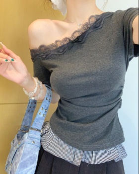 Sexy gray tops short sleeve strapless T-shirt for women