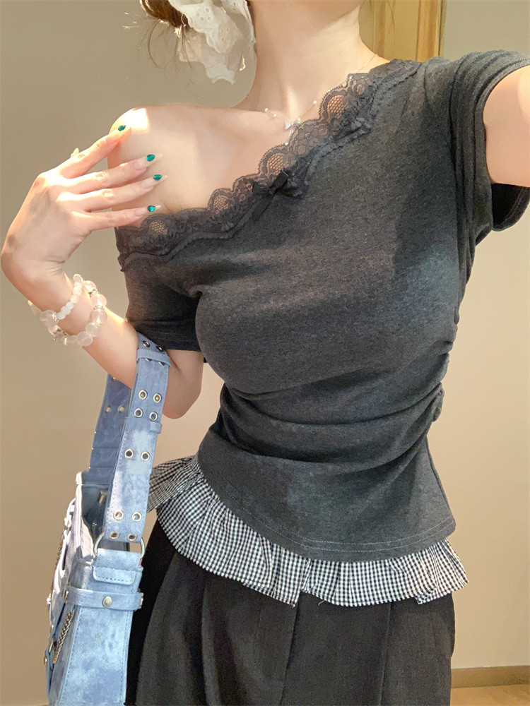 Sexy gray tops short sleeve strapless T-shirt for women