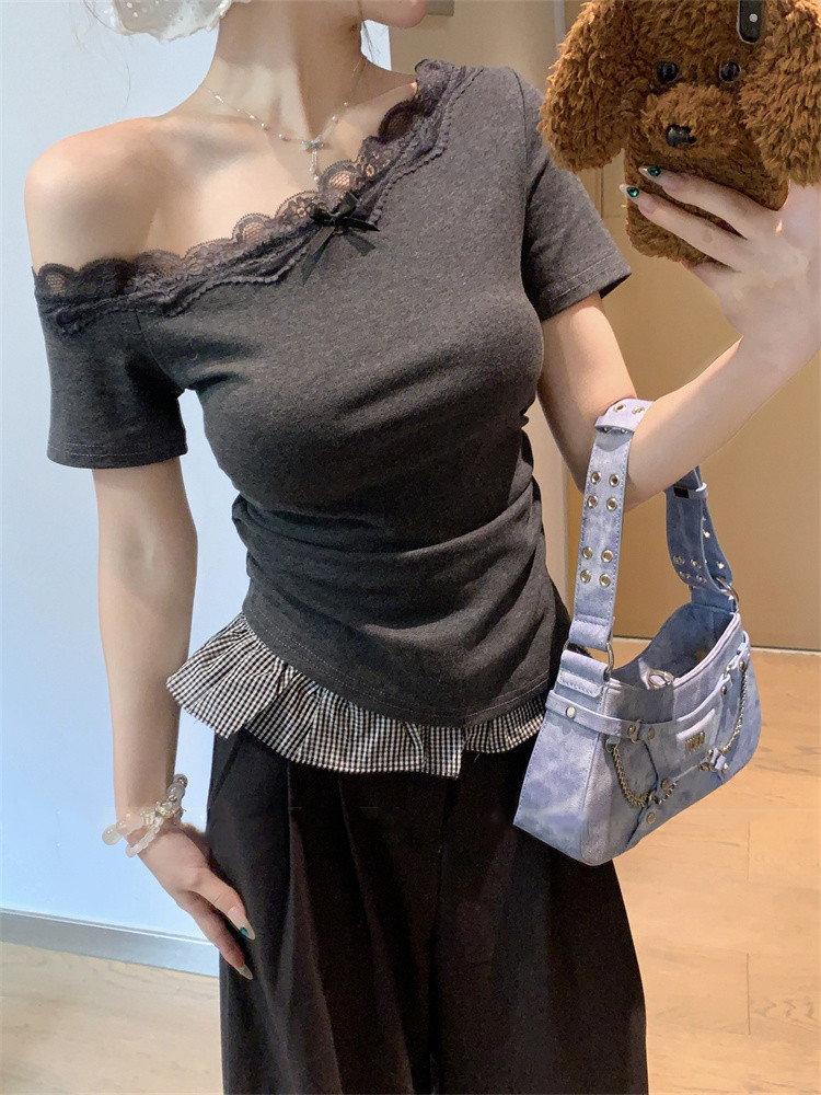 Sexy gray tops short sleeve strapless T-shirt for women