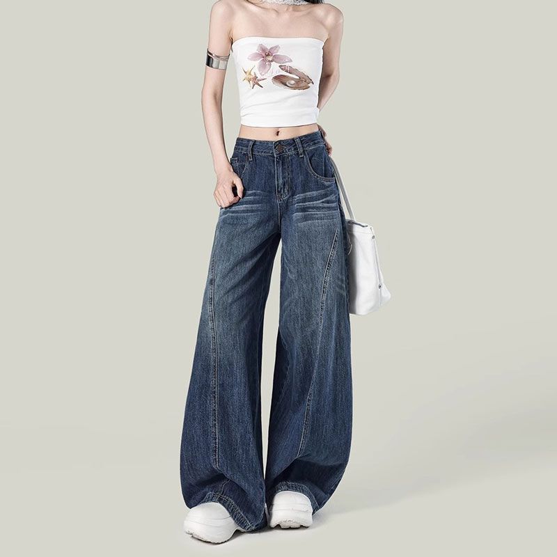 Wide leg large yard autumn jeans loose slim retro pants for women