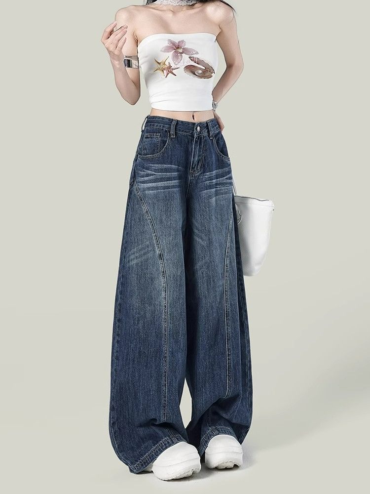 Wide leg large yard autumn jeans loose slim retro pants for women